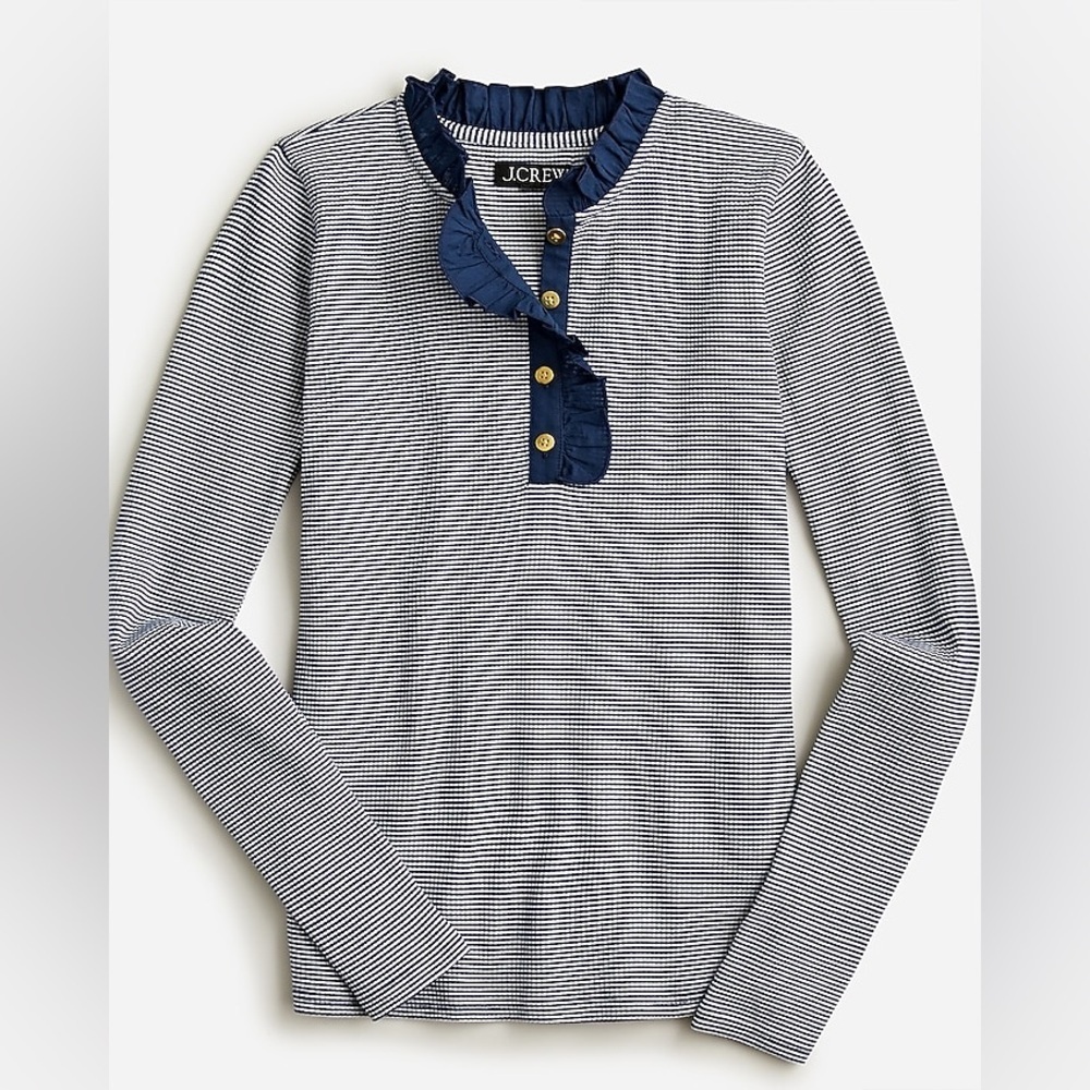 J.Crew Size S Ruffle-Collar Long-Sleeve Shirt in Navy White Striped Vintage Rib